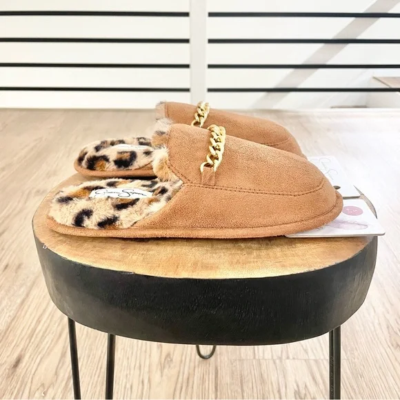 S M L NWT Jessica Simpson brown and gold fuzzy slippers with cheetah print - Picture 12 of 13